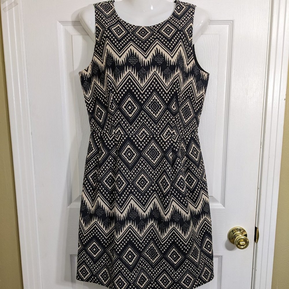 J Crew Black & Tan Aztec Pattern A-Line Sleeveless Midi Dress - size 6